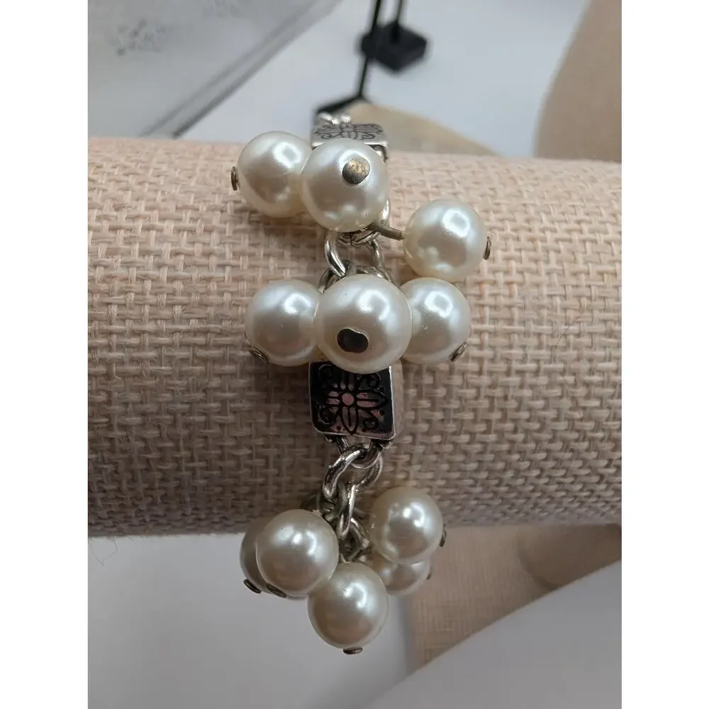 BrightonElegant Faux Pearl Cluster Silver Tone Bracelet Adjustable Lobster Clasp